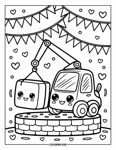 Coloriage de construction pour adultes : Un camion-grue joyeux abaisse un gros bloc sur des briques pétillantes avec de petits drapeaux à proximité