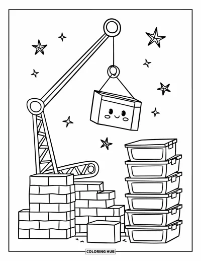 Coloriage de construction pour adultes : Une grue joyeuse avec un visage doux soulève un bloc avec des étoiles et de minuscules boîtes à outils à proximité