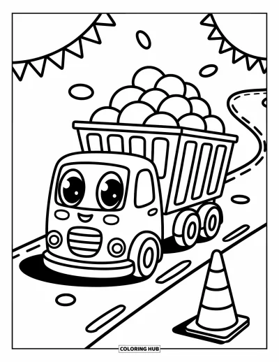 Coloriage de construction pour adultes : Un camion à benne basculante joyeux décharge des cailloux ronds avec des drapeaux agitant et un cône de signalisation joyeux