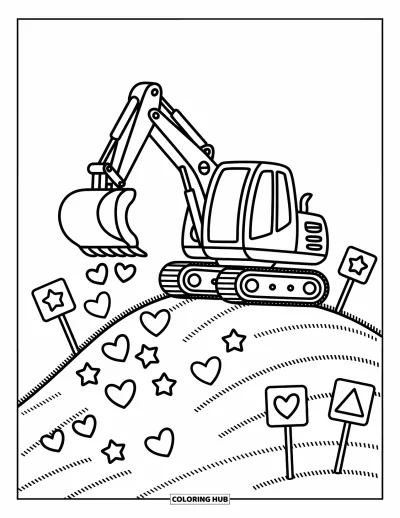 Coloriage de construction pour adultes : Une excavatrice joyeuse sur une colline ramasse de petits cœurs et des étoiles