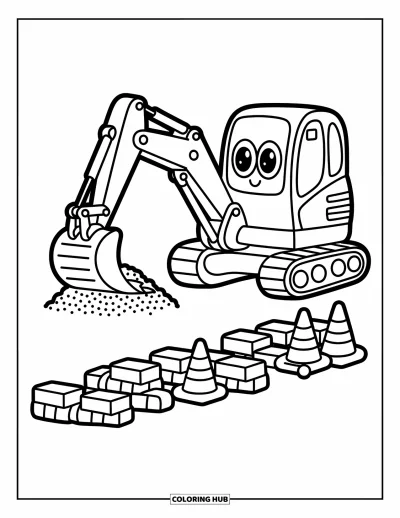 Coloriage de construction pour adultes : Une excavatrice joyeuse avec de grands yeux ramasse du gravier près de briques et de cônes de sécurité ludiques