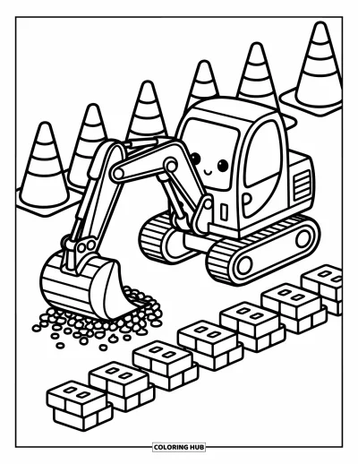 Coloriage de construction pour adultes : Une excavatrice joyeuse avec de grands yeux ramasse du gravier près de briques et de cônes ludiques