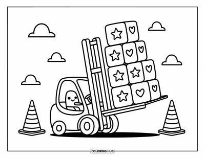 Coloriage de construction pour adultes : Un chariot élévateur joyeux transporte des boîtes décorées d’étoiles et de cœurs, des cônes et des nuages autour