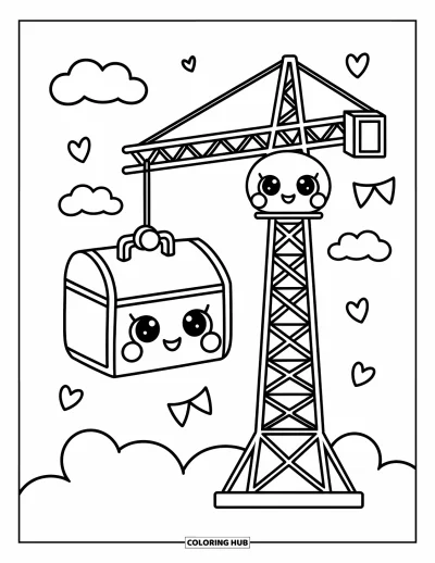 Coloriage de construction pour adultes : Une grue à tour joyeuse soulève une boîte à outils mignonne entourée de nuages et de drapeaux en forme de cœur