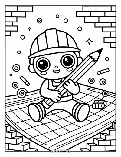 Coloriage de construction pour adultes : Un ouvrier joyeux avec de grands yeux est assis sur un immense plan tenant un crayon géant