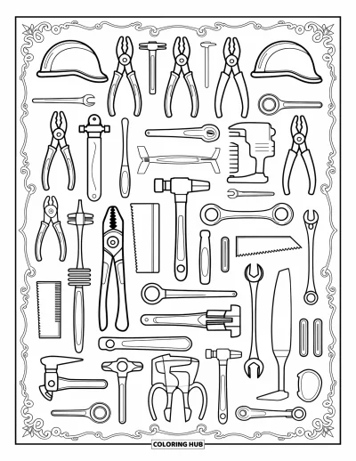 Coloriage de construction pour adultes : Un collage d’outils à main avec des motifs tourbillonnants et des bordures ornées qui les entourent