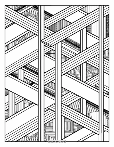 Coloriage de construction pour adultes : Une conception d’échafaudage complexe remplie de formes géométriques et d’élégants motifs artistiques