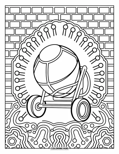 Coloriage de construction pour adultes : Une bétonnière avec des motifs de briques complexes et des éléments décoratifs tout autour