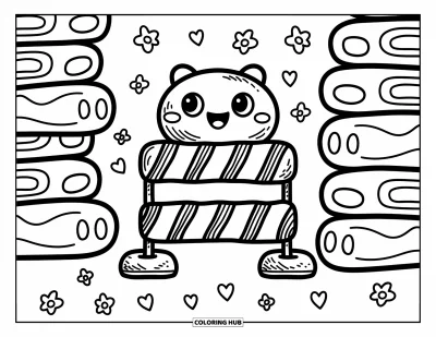 Coloriage de construction pour adultes : Une barrière mignonne avec des rayures arrondies est assise près de poutres et de minuscules cœurs et fleurs éparpillés