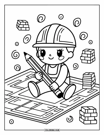 Coloriage de construction pour adultes : Un ouvrier de la construction mignon est assis sur un grand plan tenant un crayon plus grand qu’eux