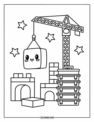 Coloriage de construction pour adultes : Une grue mignonne soulève un bloc avec des étoiles ludiques et une pile de boîtes à outils autour