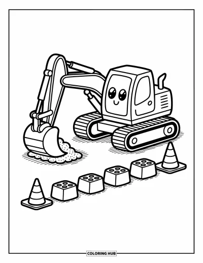 Coloriage de construction pour adultes : Une excavatrice mignonne ramasse du gravier à côté de briques dodues et de cônes de sécurité en zigzag