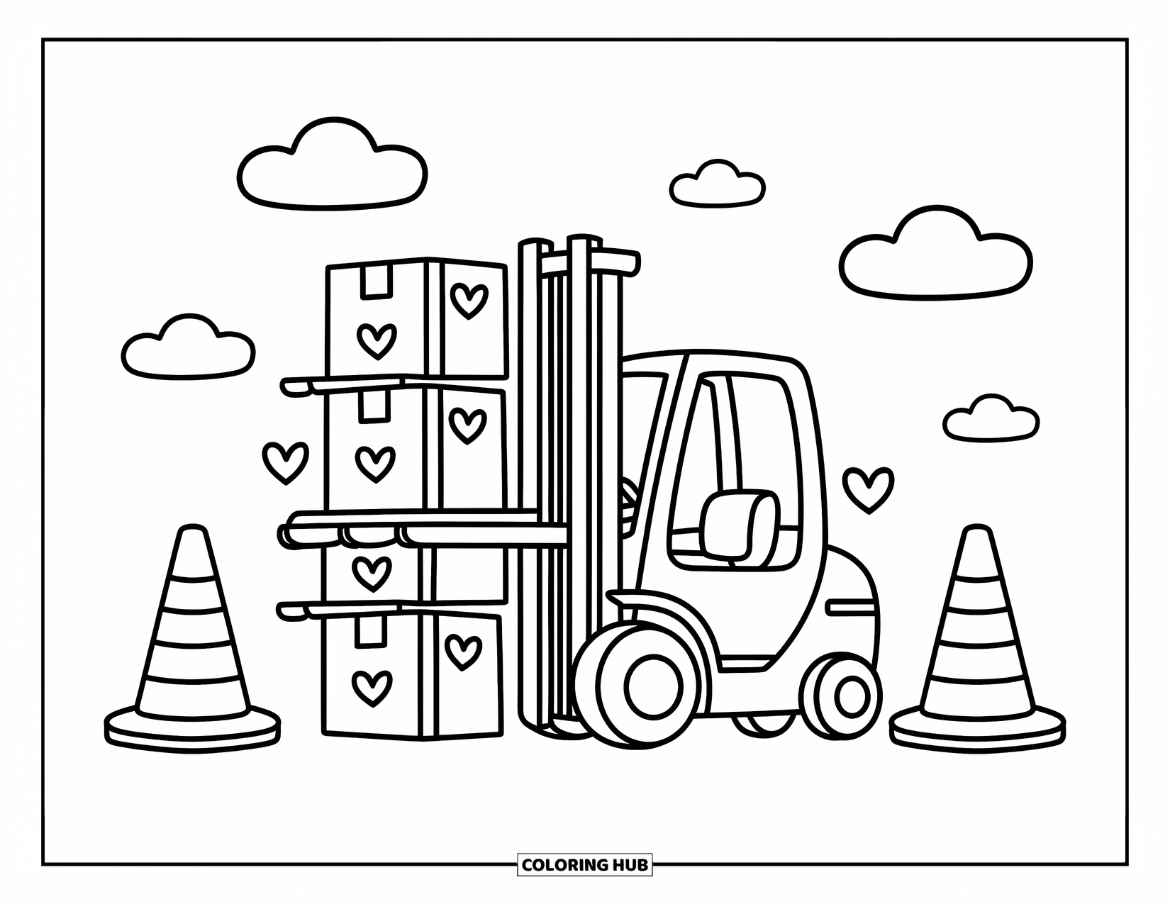 Bouw Kleurplaat voor Volwassenen: Een schattige heftruck tilt dozen op met sterren en harten, met speelse kegels en zachte wolken