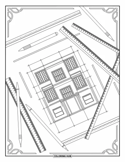 Coloriage de construction pour adultes : Un plan de construction détaillé entouré de règles, de compas et de motifs décoratifs
