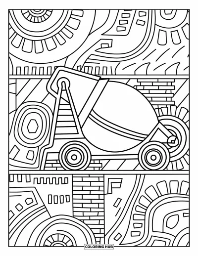 Coloriage de construction pour adultes : Une bétonnière détaillée entourée de motifs de briques et de têtes de vis avec des dessins élégants