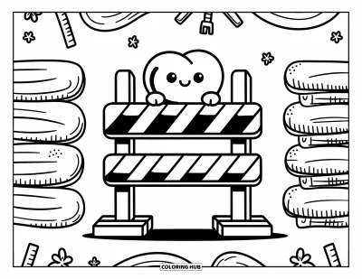 Coloriage de construction pour adultes : Une barrière de construction amicale se tient avec des poutres en bois, des cœurs et de petits motifs ludiques