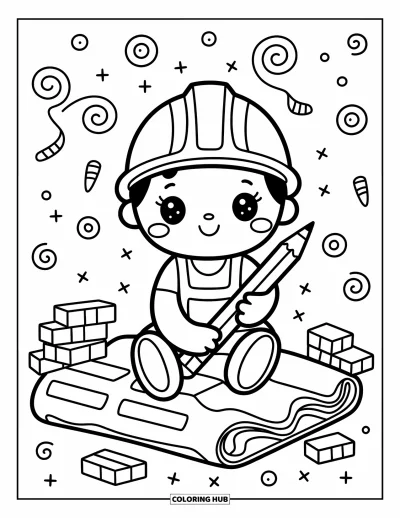 Coloriage de construction pour adultes : Un ouvrier de la construction amical est assis sur un plan doux avec des tourbillons et des briques ludiques