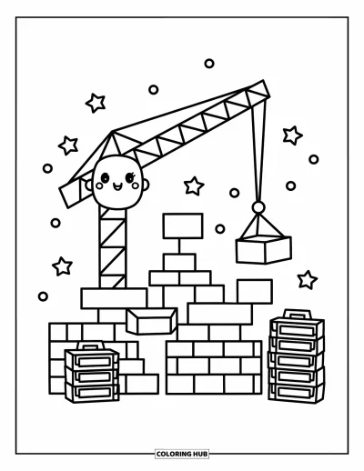 Coloriage de construction pour adultes : Une grue amicale soulève un bloc près de structures à moitié construites et d’étoiles décoratives flottantes
