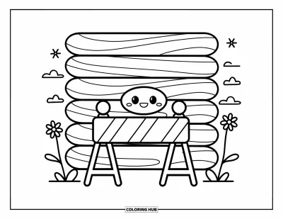 Coloriage de construction pour adultes : Une barrière joyeuse avec un visage mignon se tient près de poutres en bois et de minuscules détails amusants