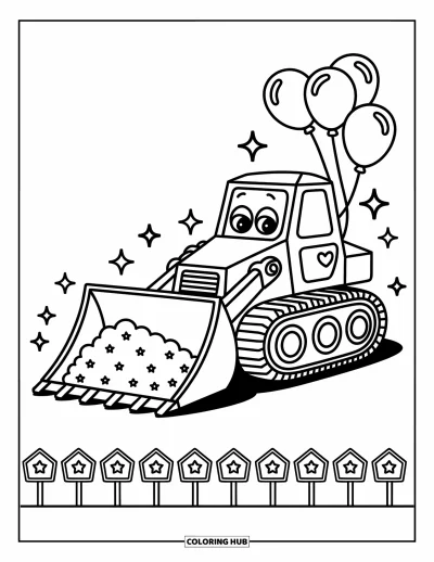 Coloriage de construction pour adultes : Un bulldozer joyeux déplace de la terre moelleuse avec des ballons et des étoiles scintillantes autour