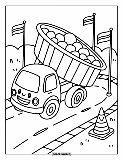 Coloriage de construction pour adultes : Un camion à benne basculante joyeux décharge des cailloux sur une route incurvée avec de minuscules drapeaux et un cône
