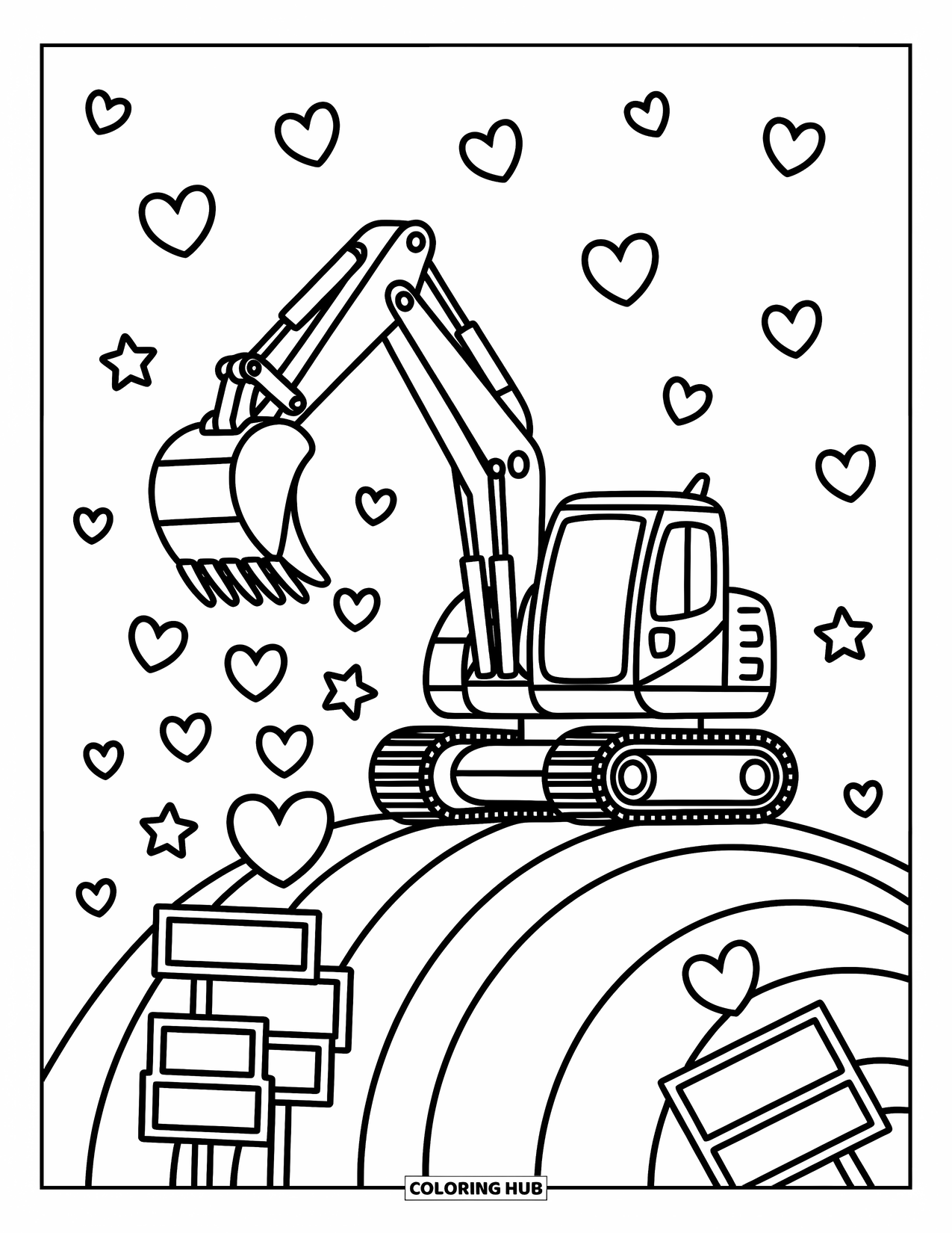 Bouw Kleurplaat voor Volwassenen: Een vrolijke graafmachine tilt cartoonharten en -sterren op met bouwtekens in de buurt