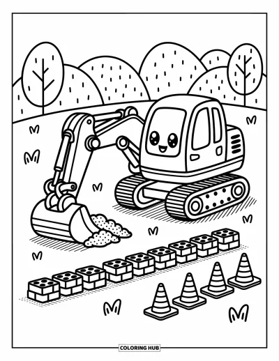 Coloriage de construction pour adultes : Une joyeuse petite excavatrice ramasse du gravier à côté de briques dodues et de cônes en zigzag