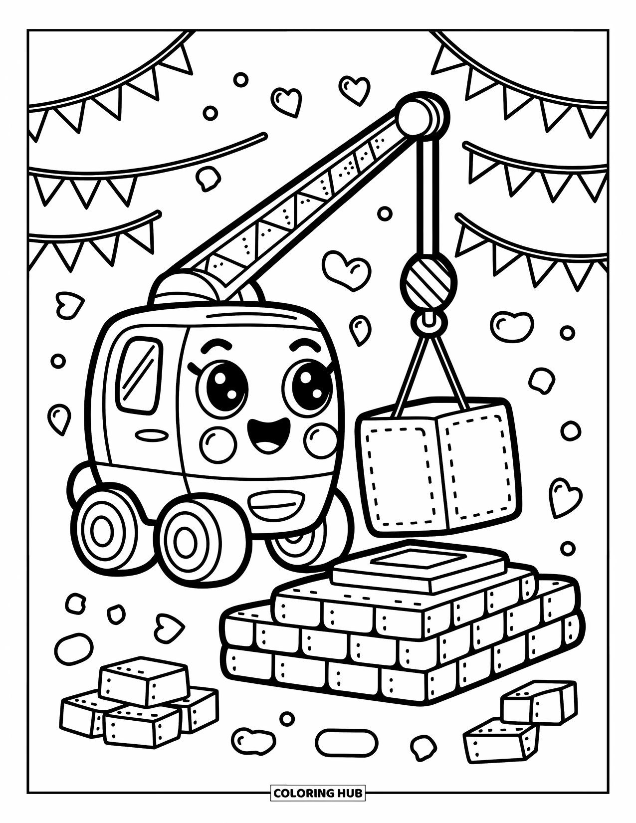 Bouw Kleurplaat voor Volwassenen: Een kawaii-kraanwagen plaatst voorzichtig een blok op bubbelstenen met leuke vlaggen en vormen