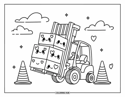 Coloriage de construction pour adultes : Un chariot élévateur kawaii soulève des boîtes étoilées avec des cônes amicaux et des nuages doux à proximité