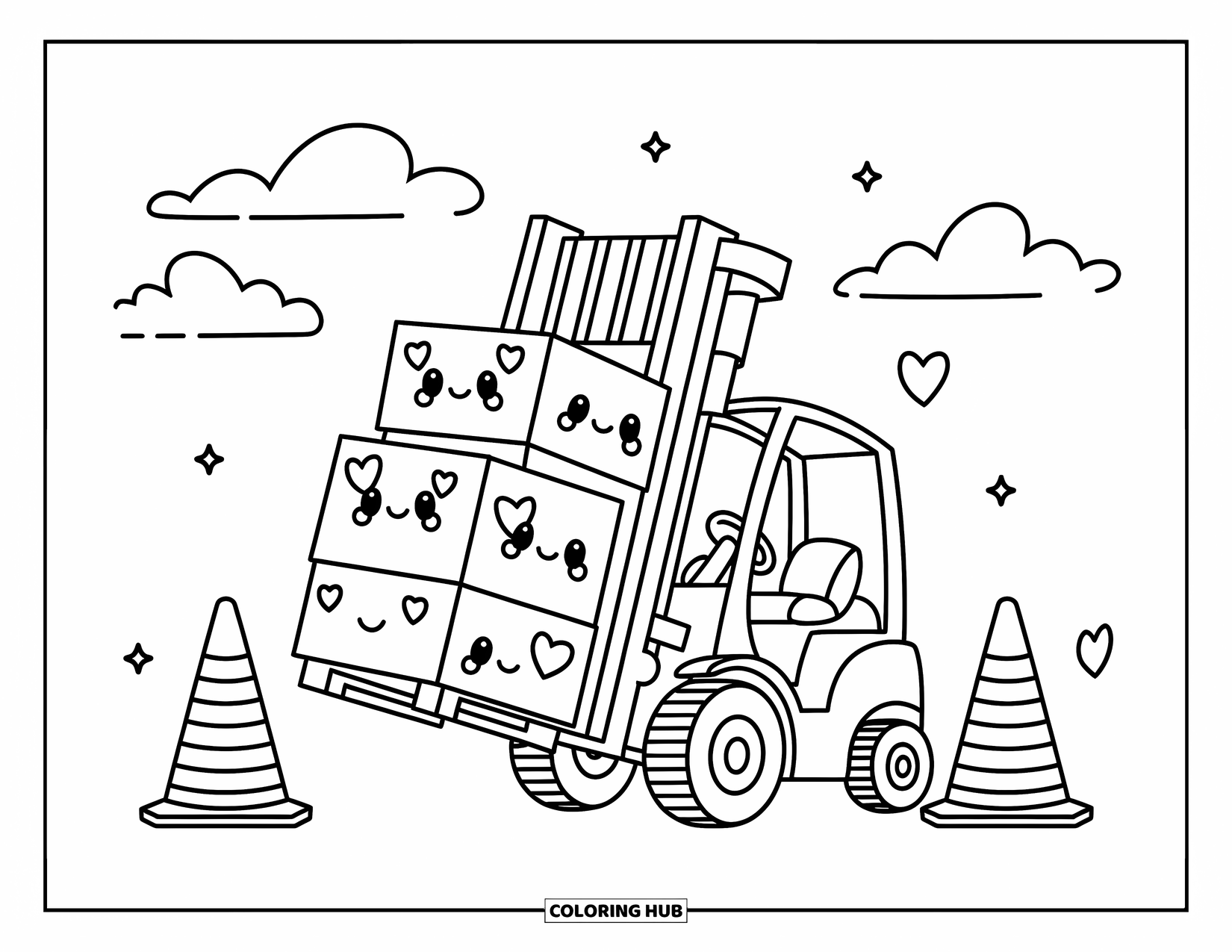 Bouw Kleurplaat voor Volwassenen: Een kawaii-heftruck tilt sterrenkisten op met vriendelijke kegels en zachte wolken in de buurt
