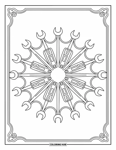 Coloriage de construction pour adultes : Un mandala formé à partir d’outils de construction entourés de motifs et de dessins élégants