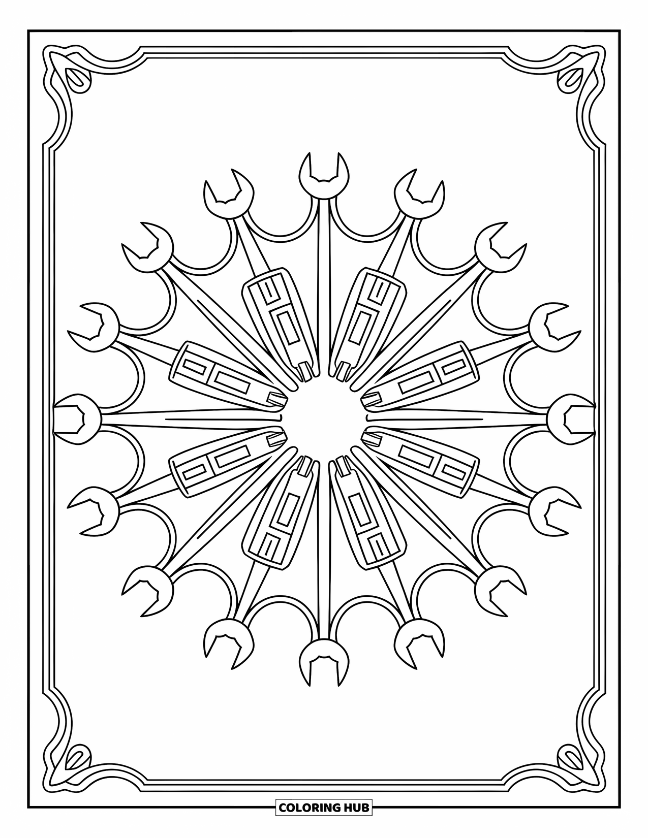 Bouw Kleurplaat voor Volwassenen: Een mandala gevormd uit bouwwerktuigen, omringd door elegante patronen en ontwerpen