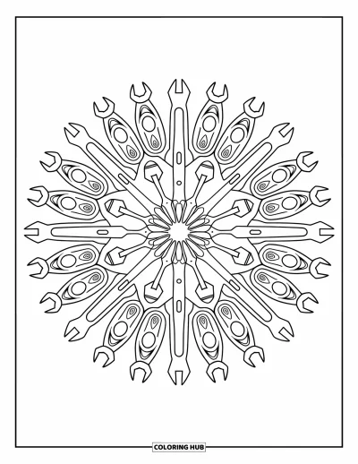 Coloriage de construction pour adultes : Un mandala fait de clés, de marteaux et de clous avec des motifs détaillés autour