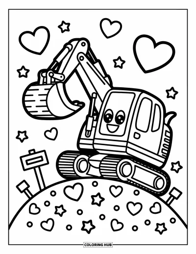 Coloriage de construction pour adultes : Une excavatrice ludique ramasse des cœurs et des étoiles sur une colline douce et délicate