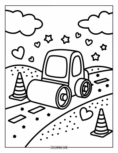 Coloriage de construction pour adultes : Un rouleau compresseur rond lisse un chemin ondulé avec des étoiles et des cônes de signalisation qui pointent à proximité