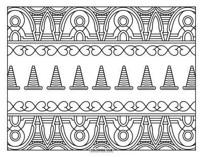 Coloriage de construction pour adultes : Une rangée de cônes de construction, de barils et de panneaux avec des tourbillons et des motifs géométriques autour