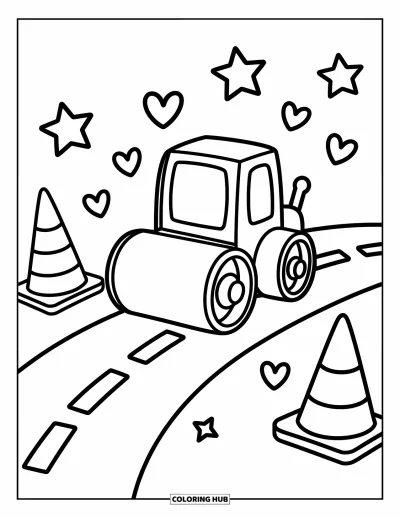 Coloriage de construction pour adultes : Un petit rouleau compresseur aplatit doucement une route sinueuse avec des étoiles, des cœurs et de jolis cônes