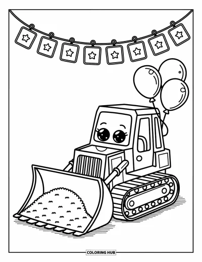 Coloriage de construction pour adultes : Un bulldozer souriant pousse de la terre moelleuse avec des ballons et des panneaux de construction étincelants