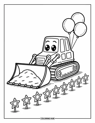 Coloriage de construction pour adultes : Un bulldozer souriant pousse de la terre moelleuse avec des ballons et des panneaux de construction scintillants