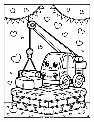 Coloriage de construction pour adultes : Un camion-grue souriant abaisse un bloc sur des briques de dessin animé avec de jolis drapeaux et décorations