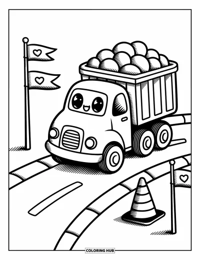 Coloriage de construction pour adultes : Un camion à benne basculante souriant verse des cailloux avec des drapeaux ludiques et un cône de signalisation joyeux à proximité
