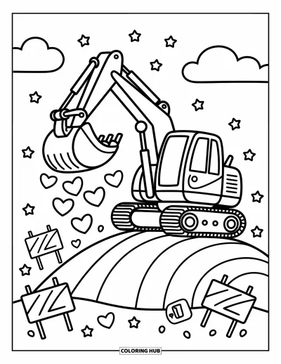 Coloriage de construction pour adultes : Une excavatrice souriante sur une colline soulève des cœurs et des étoiles avec de jolis panneaux autour