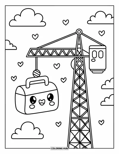 Coloriage de construction pour adultes : Une grue à tour souriante soulève une boîte à outils de dessin animé avec des drapeaux en forme de cœur et des nuages moelleux à proximité