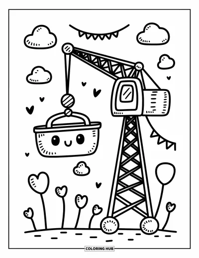 Coloriage de construction pour adultes : Une grue à tour souriante soulève une boîte à outils avec des drapeaux en forme de cœur et des nuages moelleux autour