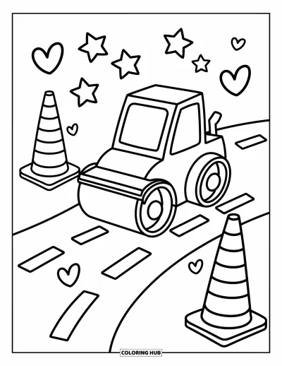 Coloriage de construction pour adultes : Un petit rouleau compresseur aplatit une route ondulée avec des étoiles flottantes et des cônes de signalisation ludiques