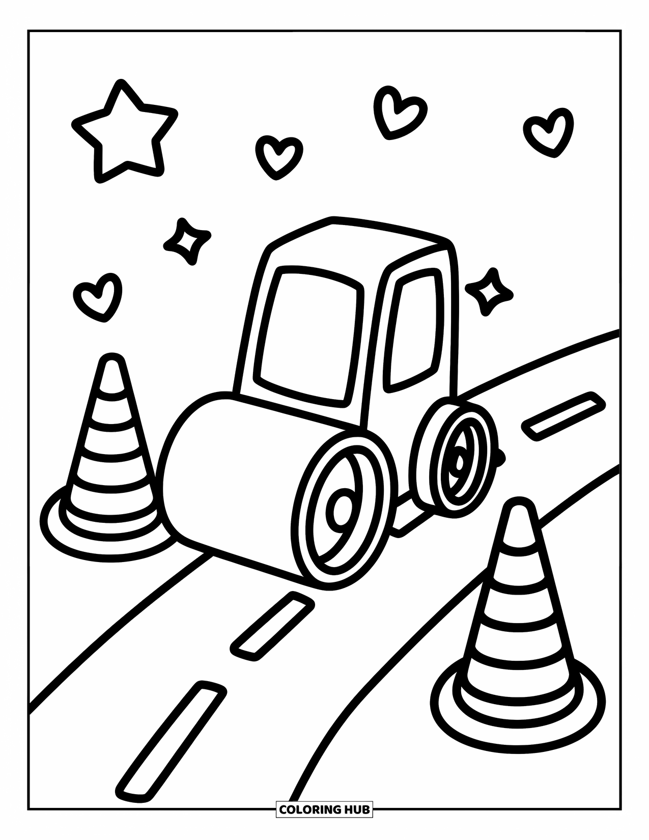 Desenho de construção para colorir para adultos: Um pequeno rolo compactador rola sobre uma estrada ondulada com corações, estrelas e cones divertidos