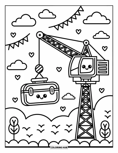 Coloriage de construction pour adultes : Une grue à tour avec un visage joyeux soulève une boîte à outils avec des nuages et des drapeaux en forme de cœur au-dessus