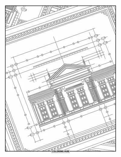 Coloriage de construction pour adultes : Un plan orné avec des outils de dessin et des bordures tourbillonnantes complexes autour