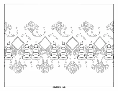Coloriage de construction pour adultes : Cônes, barils et panneaux disposés proprement avec des tourbillons complexes et des motifs entre les deux