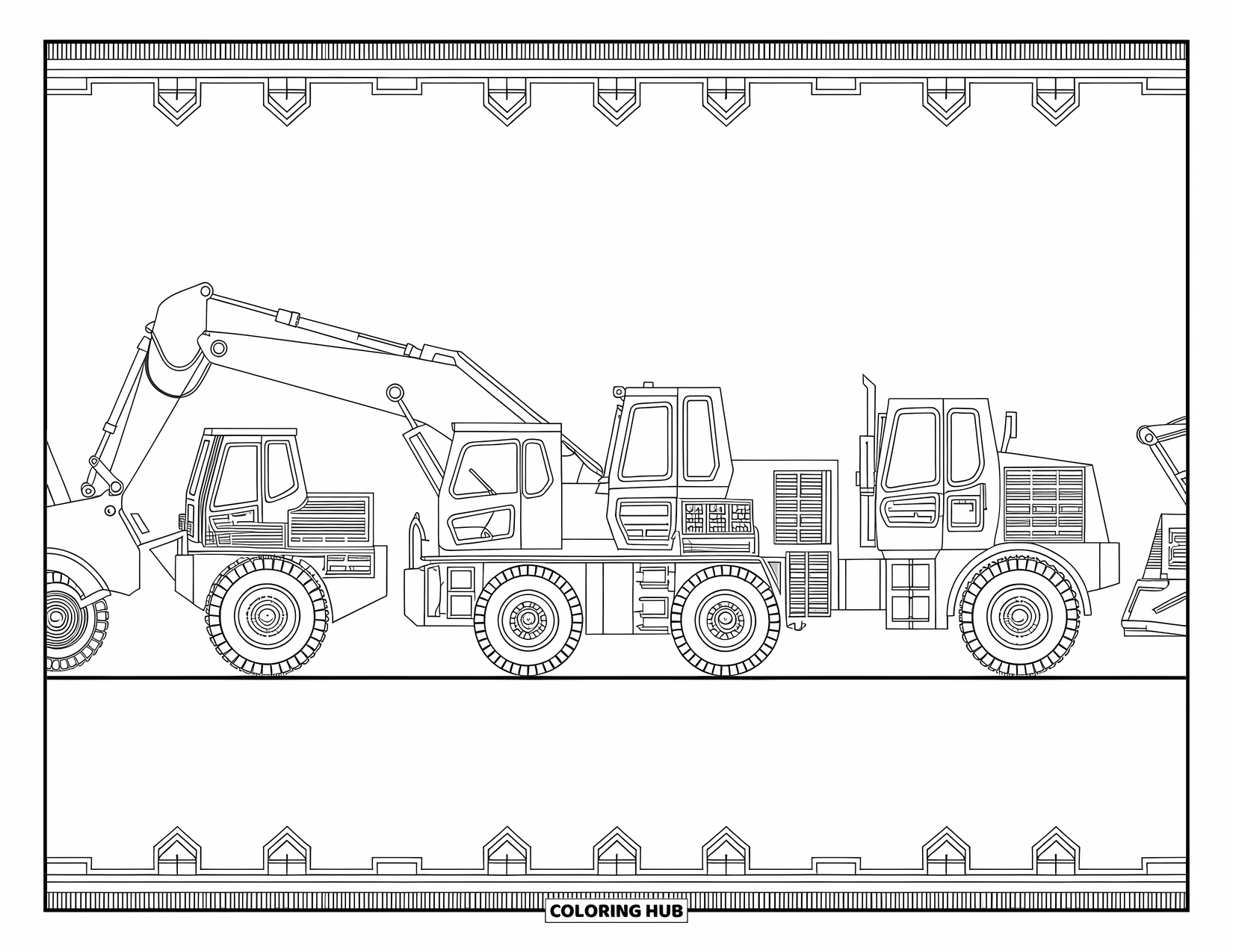 Bouw Kleurplaat voor Volwassenen: Gedetailleerde bouwmachines gerangschikt met artistieke randen en geometrische patronen